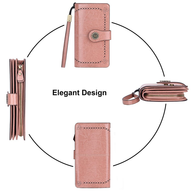 Lavemi Womens Large Capacity Genuine Leather RFID Blocking Wallets Wristlet Clutch Card Holder(1- Dark Pink) - Image 4